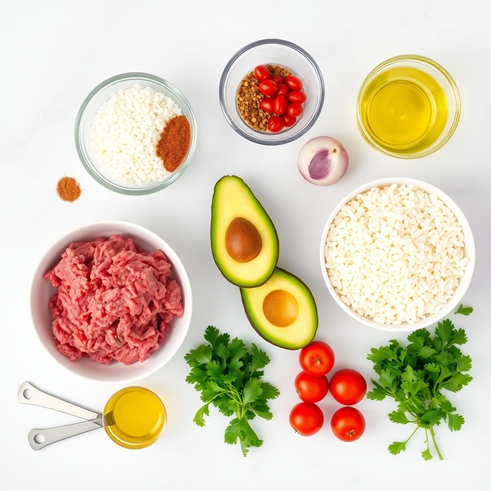 Raw ingredients for Taco Rice Bowl: ground beef, rice, taco seasoning, avocado, and more