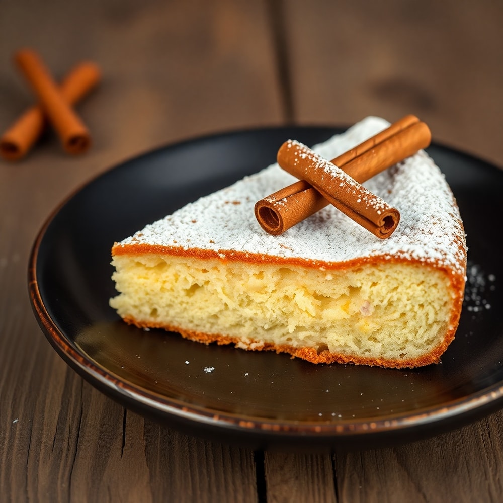 A slice of Zimtkuchen on a plate, garnished with powdered sugar and a cinnamon stick