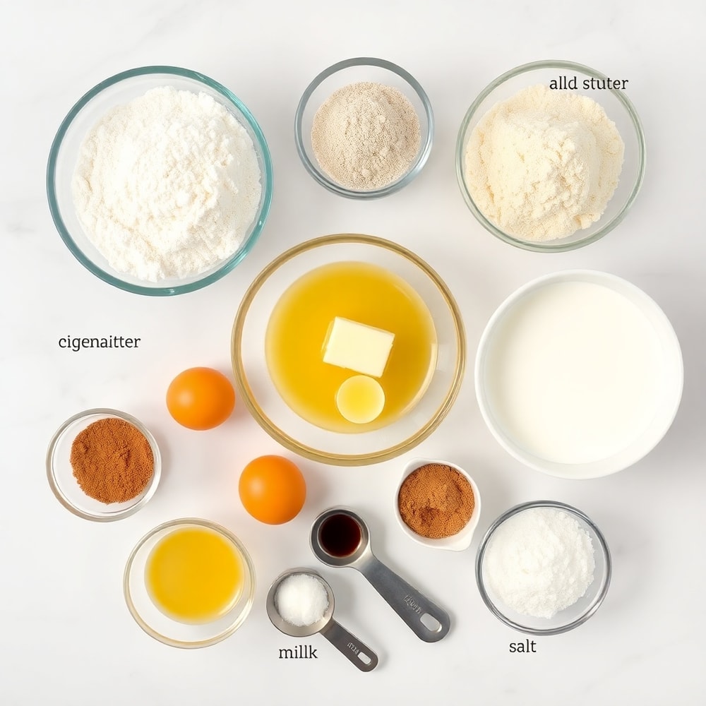 An overhead shot of flour, sugar, eggs, butter, and cinnamon arranged for Zimtkuchen