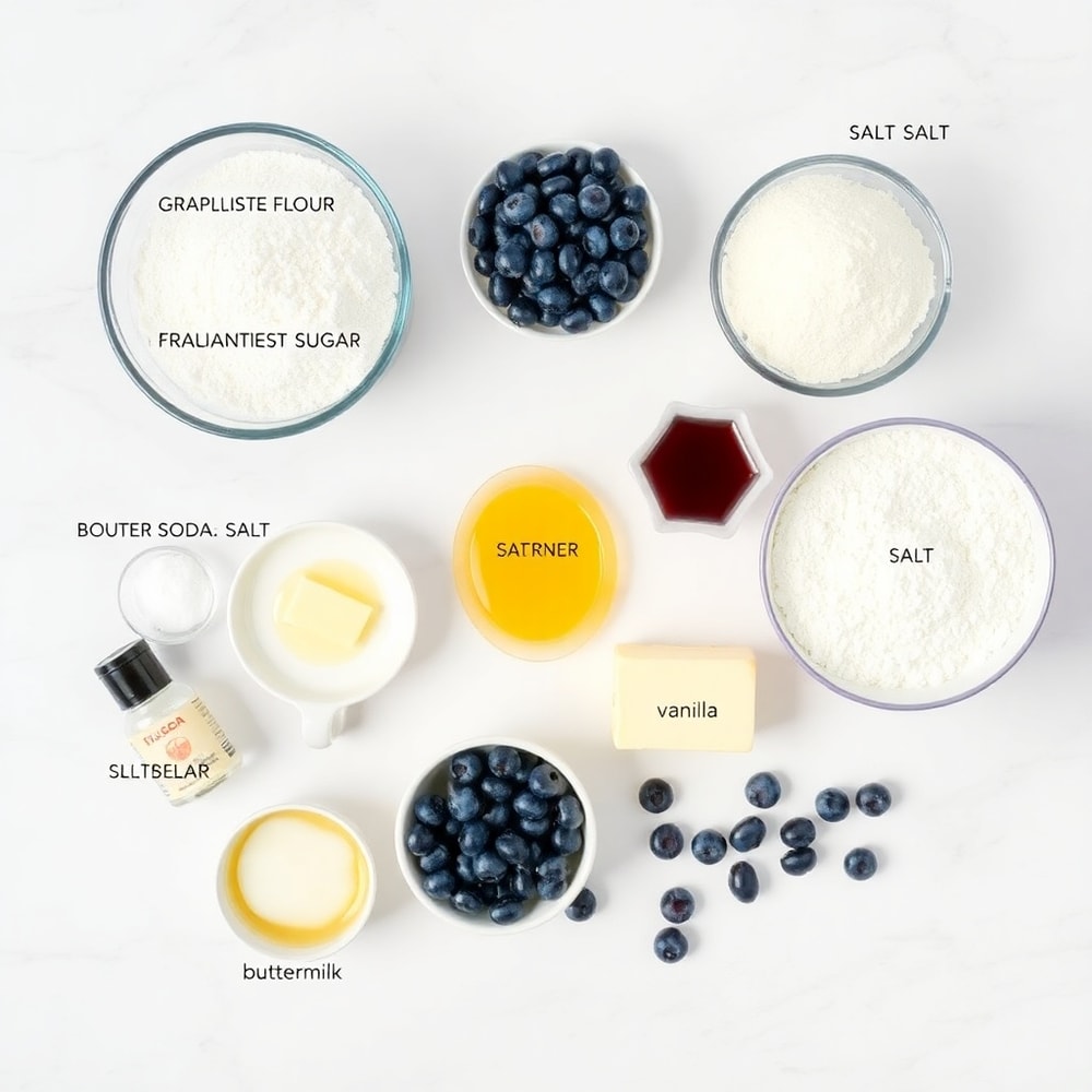 Blueberries, flour, sugar, eggs, and other ingredients for blueberry cake donuts