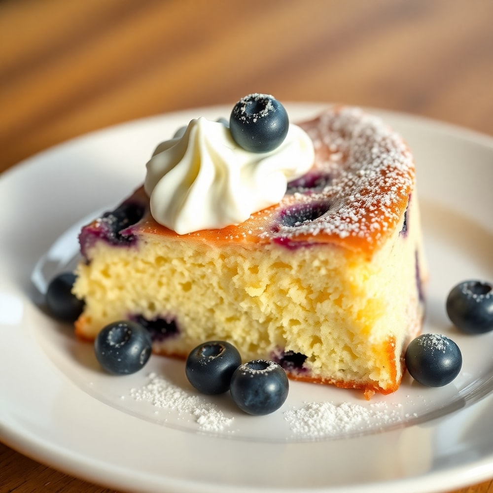 Sliced Blueberry Chiffon Cake on a plate with a dollop of whipped cream