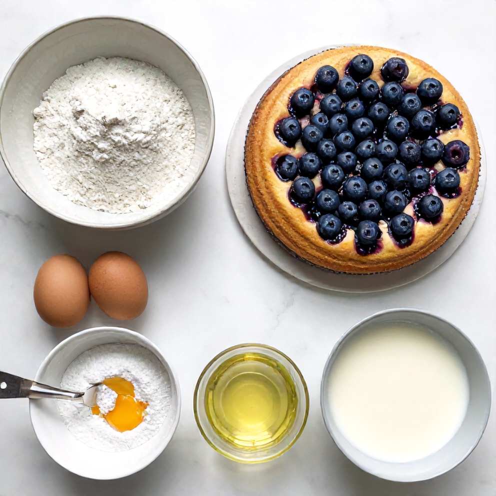 Raw ingredients for Blueberry Chiffon Cake including blueberries, flour, and eggs