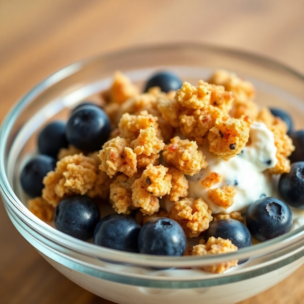 Blueberry Greek Yogurt Clusters in a clear glass bowl