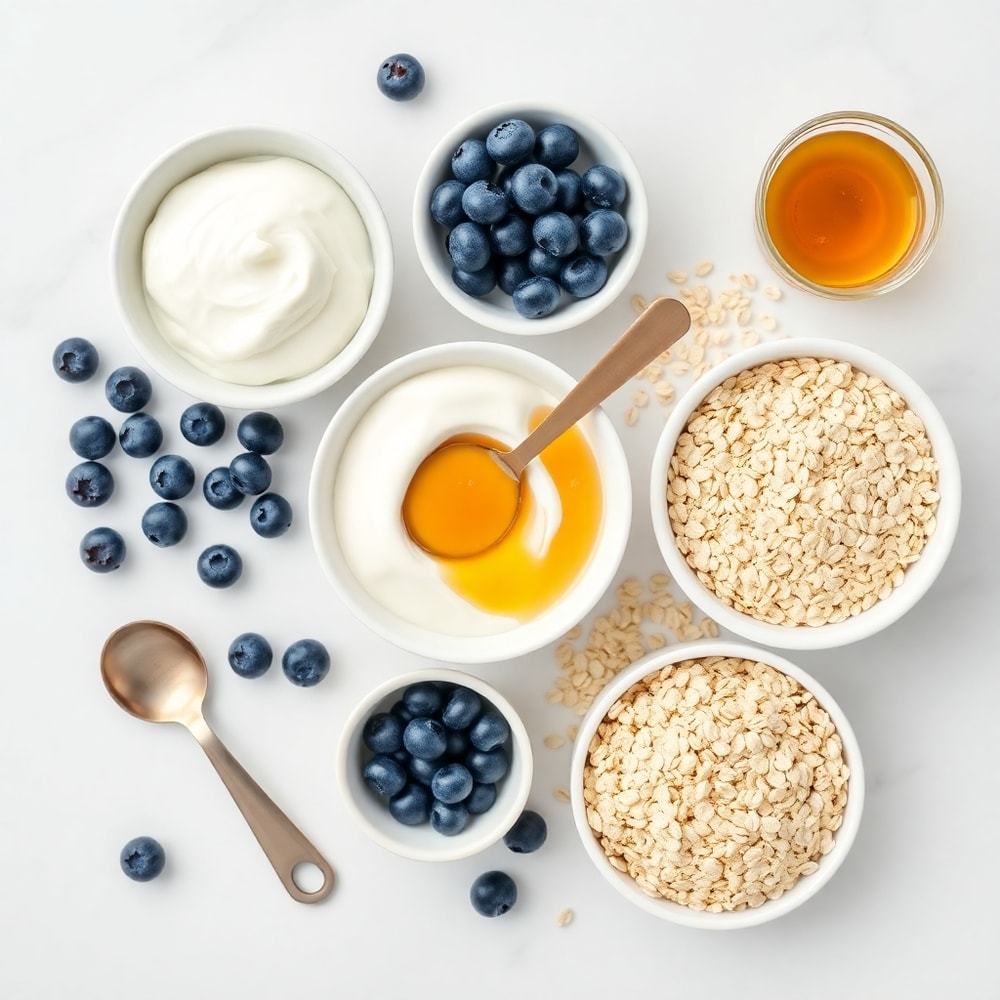 Blueberries, Greek yogurt, honey, and oats on a wooden surface