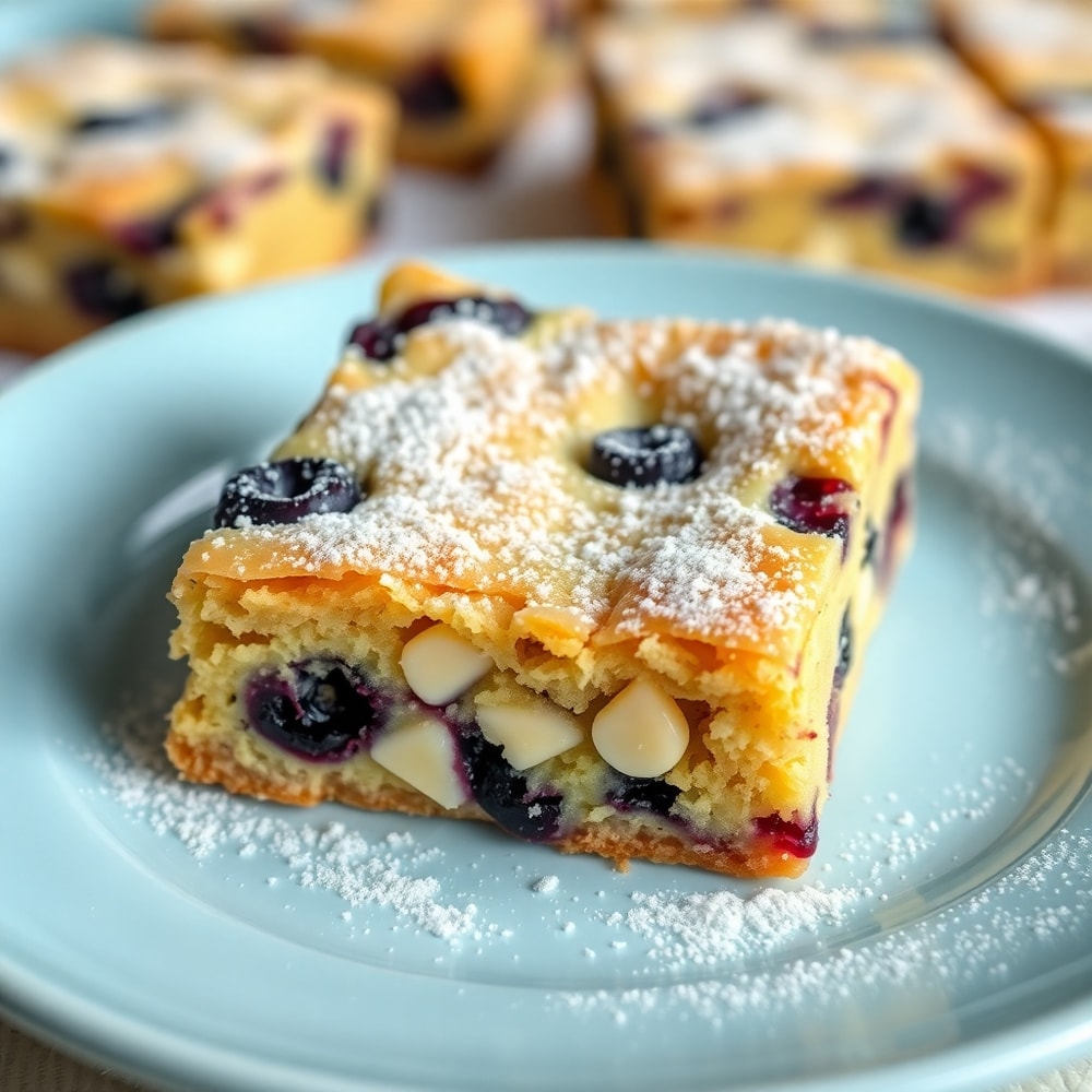 A perfect square of Blueberry White Chocolate Blondies on a light blue plate