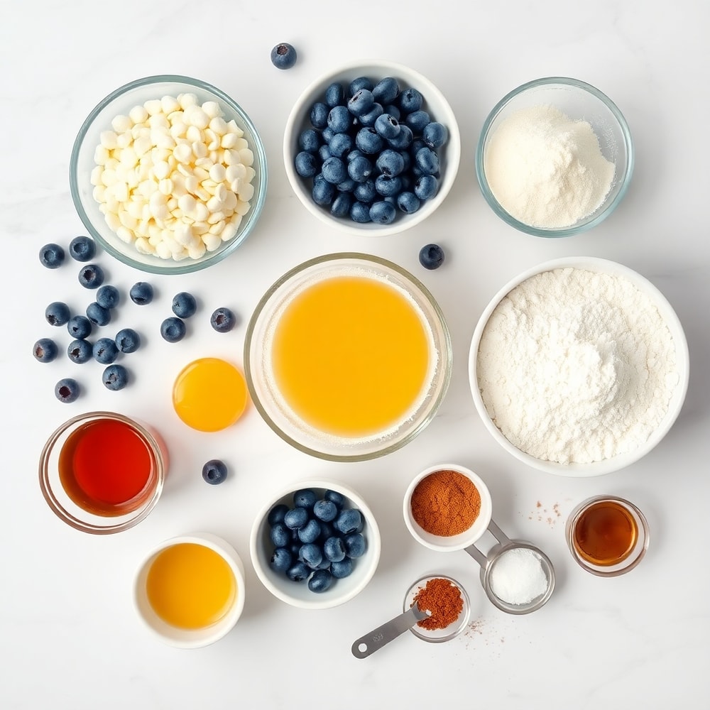 Blueberries, white chocolate chips, and dry ingredients arranged on a marble surface