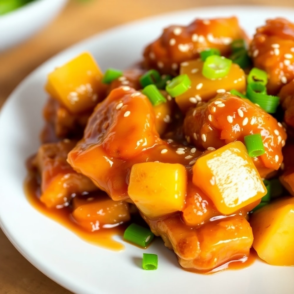 Plated Brown Sugar Pineapple Chicken with garnish