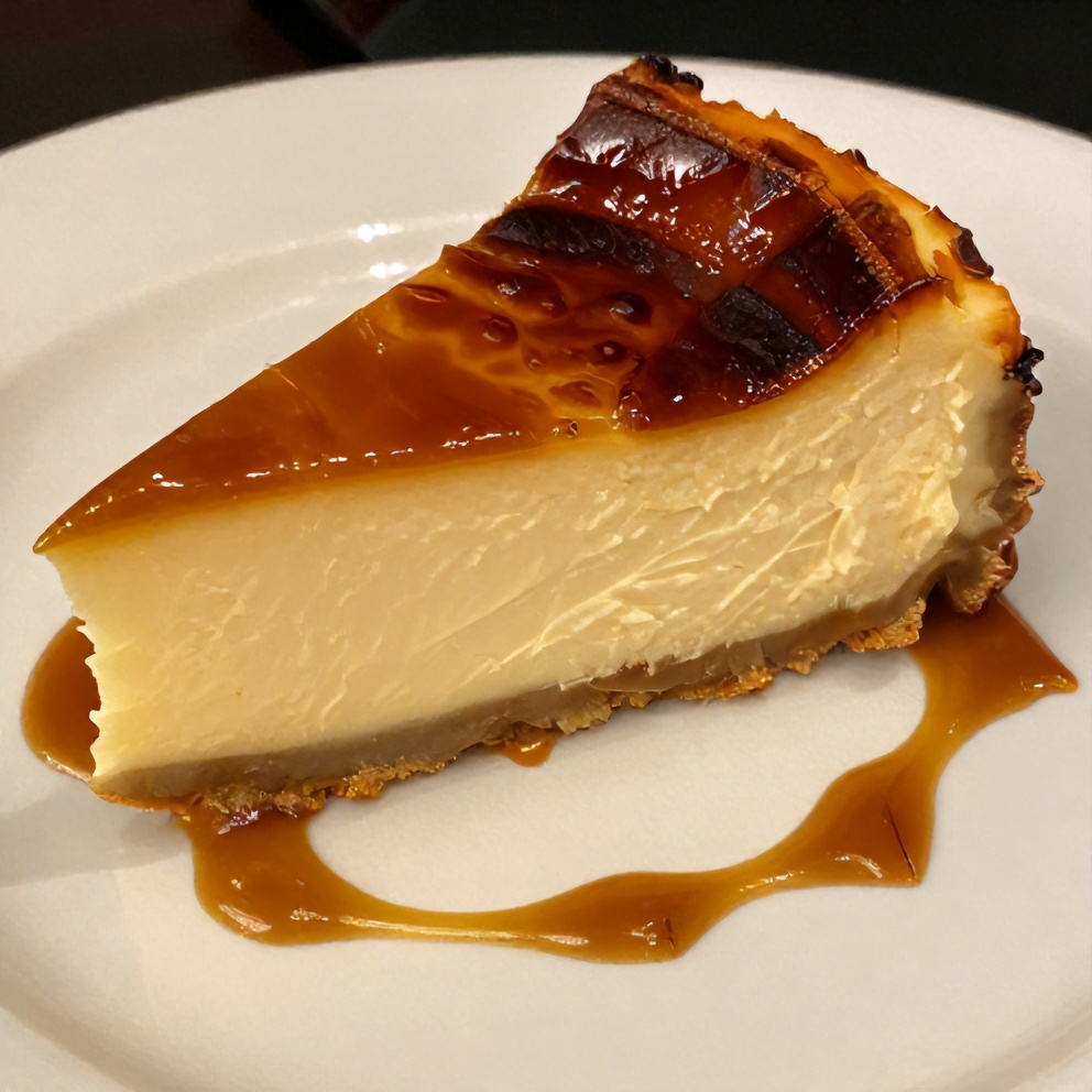 Plated serving of Burnt Basque Cheesecake with a drizzle of caramel sauce