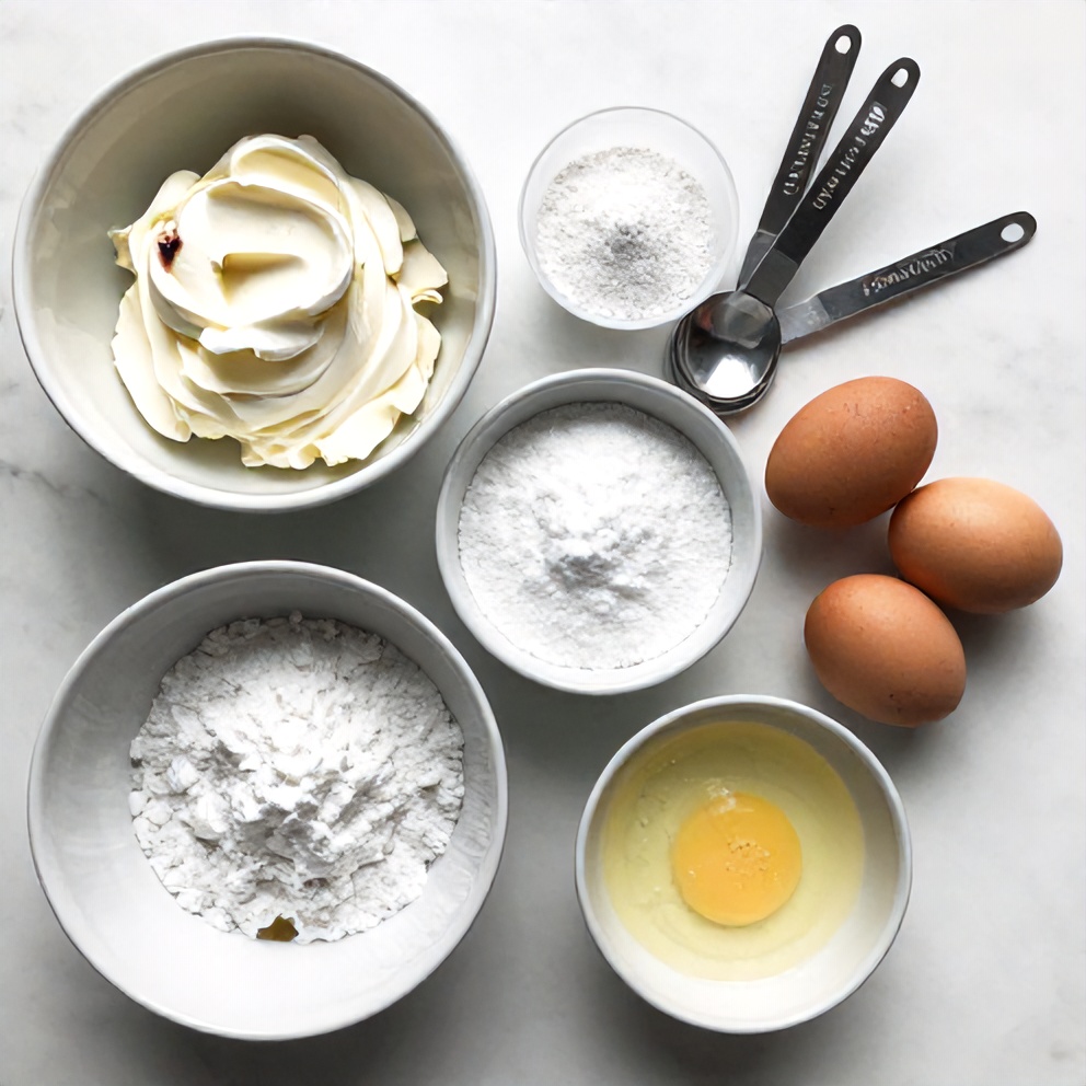 Raw ingredients for Burnt Basque Cheesecake arranged in an overhead flat lay