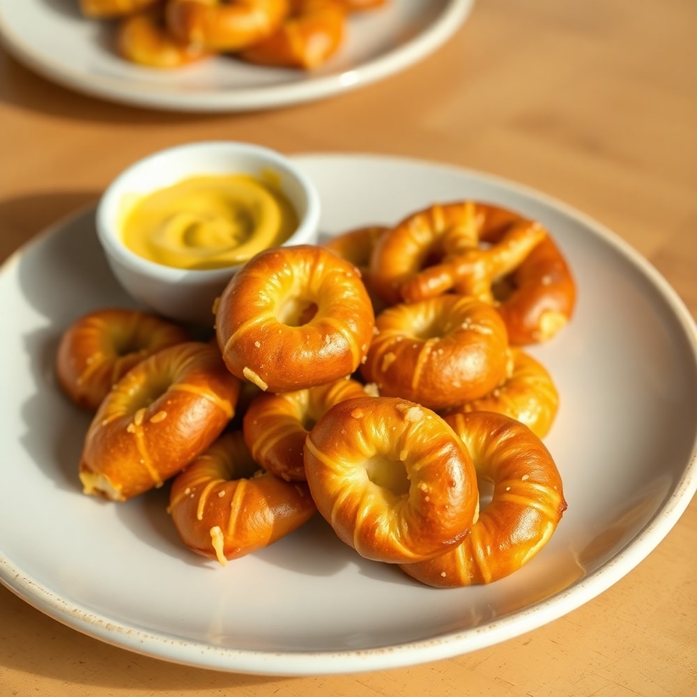 Plated serving of buttery soft pretzel bites with mustard for dipping