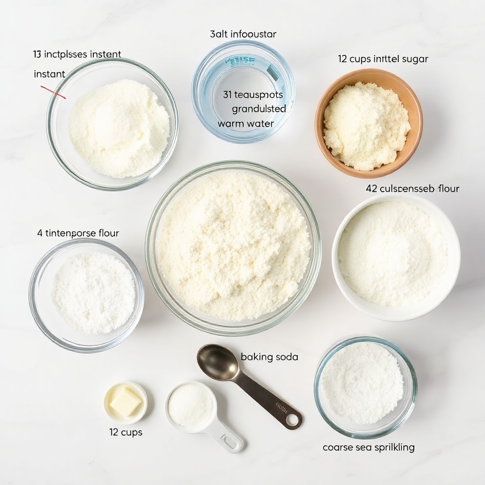 Overhead shot of pretzel bite ingredients including flour, salt, water, and baking soda