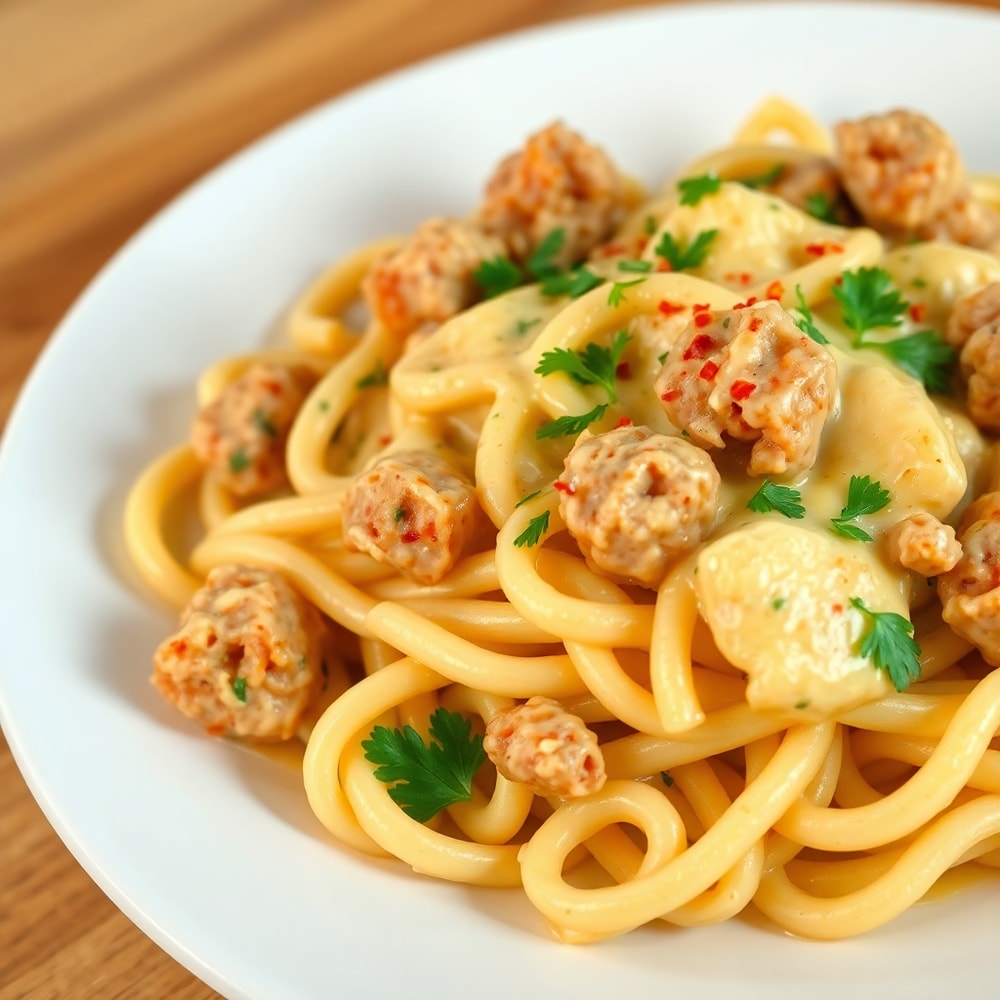 Cheesy Chicken and Sausage Pasta Close Up
