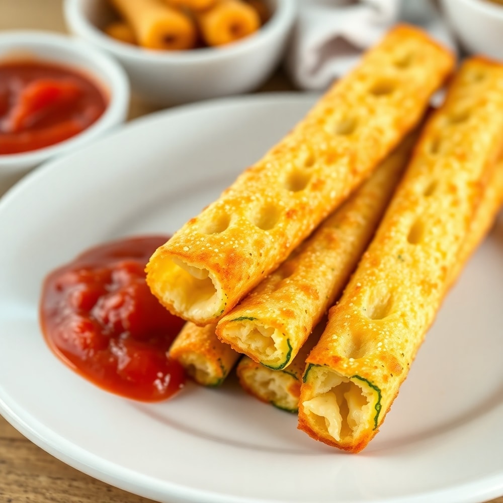 Cheesy zucchini breadsticks on a plate with marinara sauce