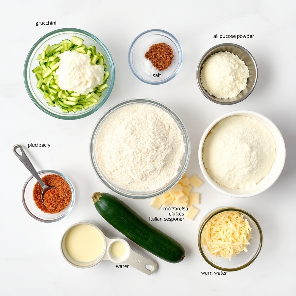 Raw ingredients for cheesy zucchini breadsticks on a marble surface