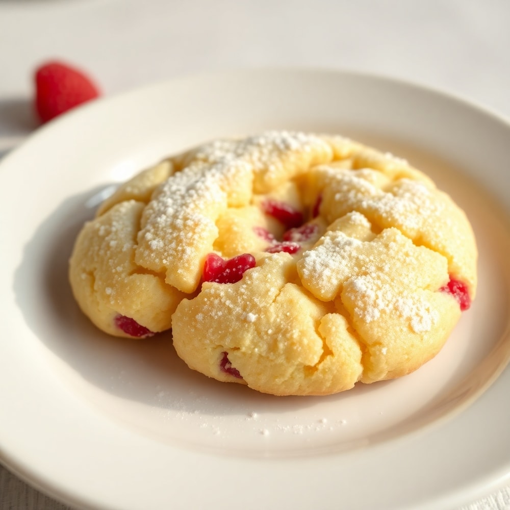 One perfect plated serving of Chewy Lemon Raspberry Cookies on a white plate