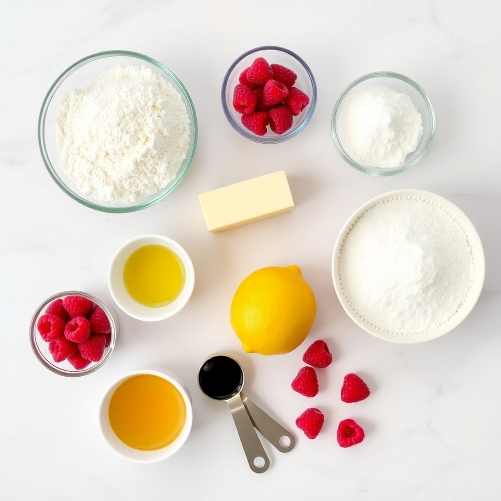 Raw ingredients for Chewy Lemon Raspberry Cookies on a white marble surface