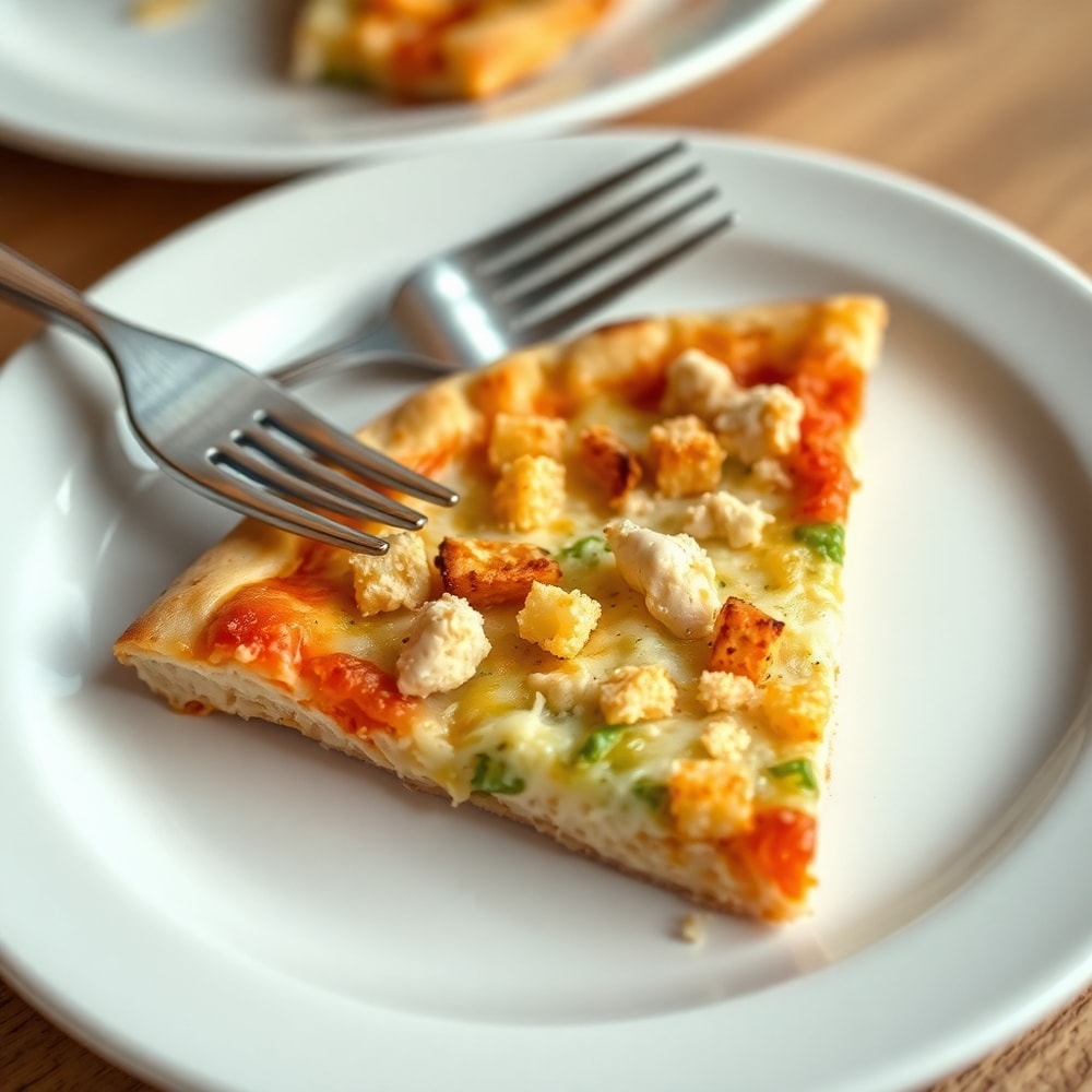 Plated Chicken Caesar Salad Pizza with a fork