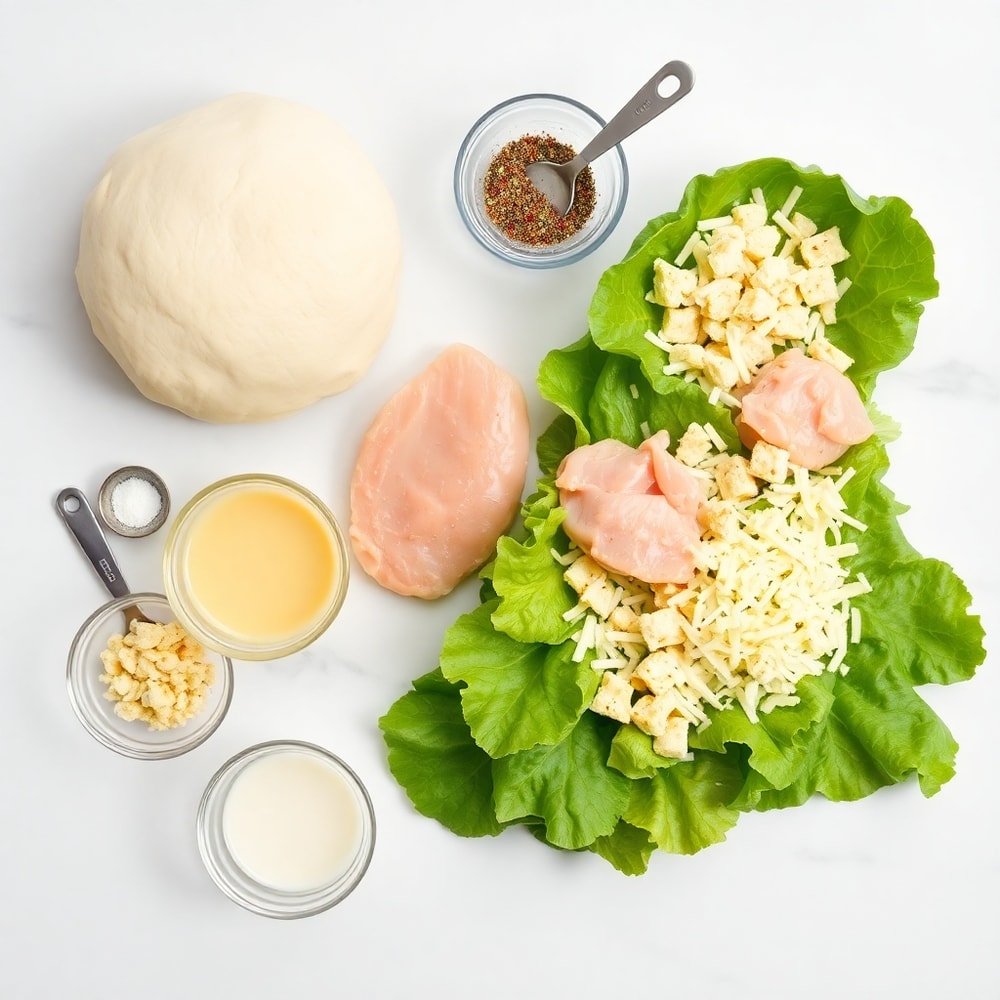 Raw ingredients for Chicken Caesar Salad Pizza on a white marble surface