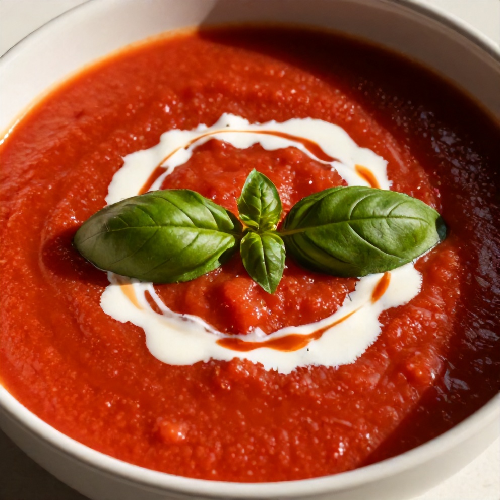 Chilled roasted tomato basil soup with a drizzle of coconut cream and fresh basil