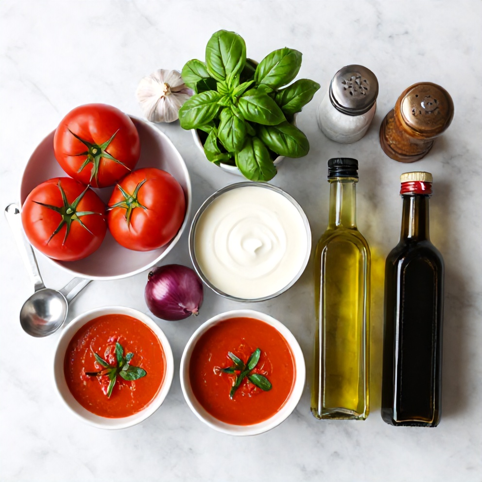 Raw ingredients for chilled roasted tomato basil soup on a marble surface