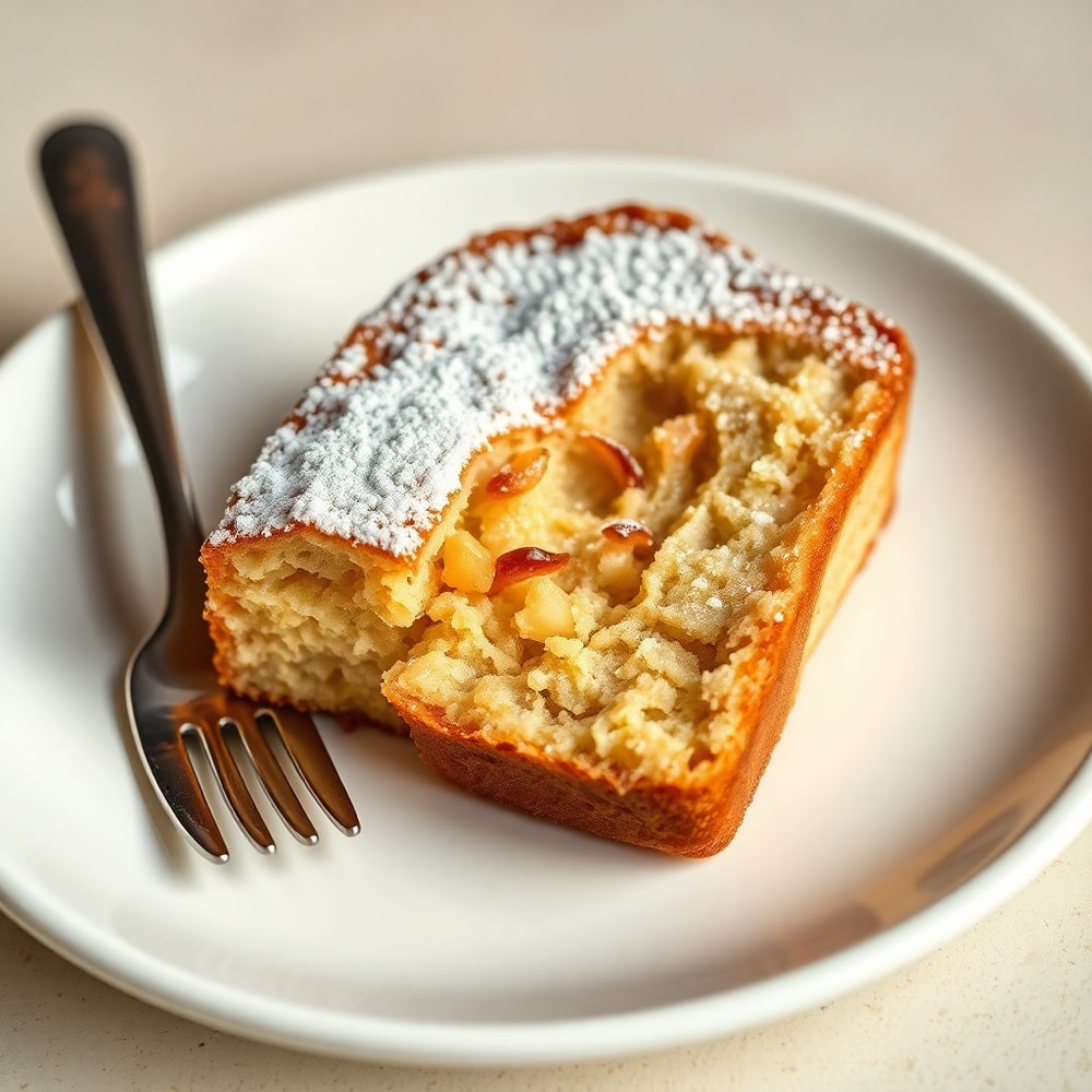 Cinnamon Apple Bread dusted with powdered sugar on a white plate
