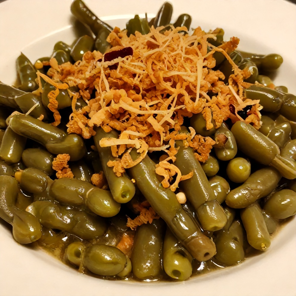 A serving of green bean casserole with a sprinkle of crispy fried onions