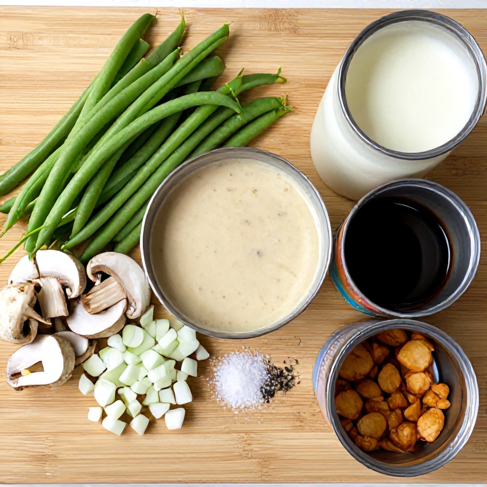 Fresh green beans, mushrooms, onions, cream of mushroom soup, and crispy fried onions arranged on a wooden cutting board