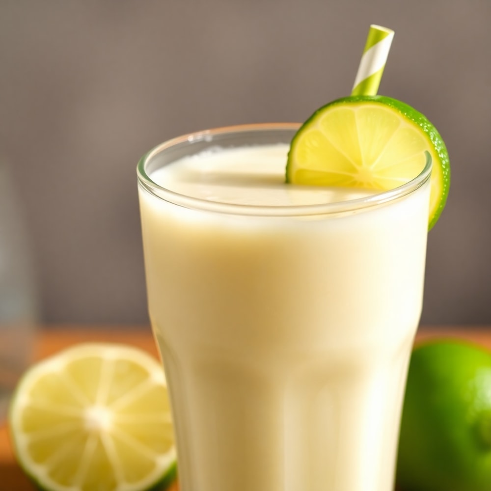 Coconut Key Lime Smoothie served in a glass with a lime wedge
