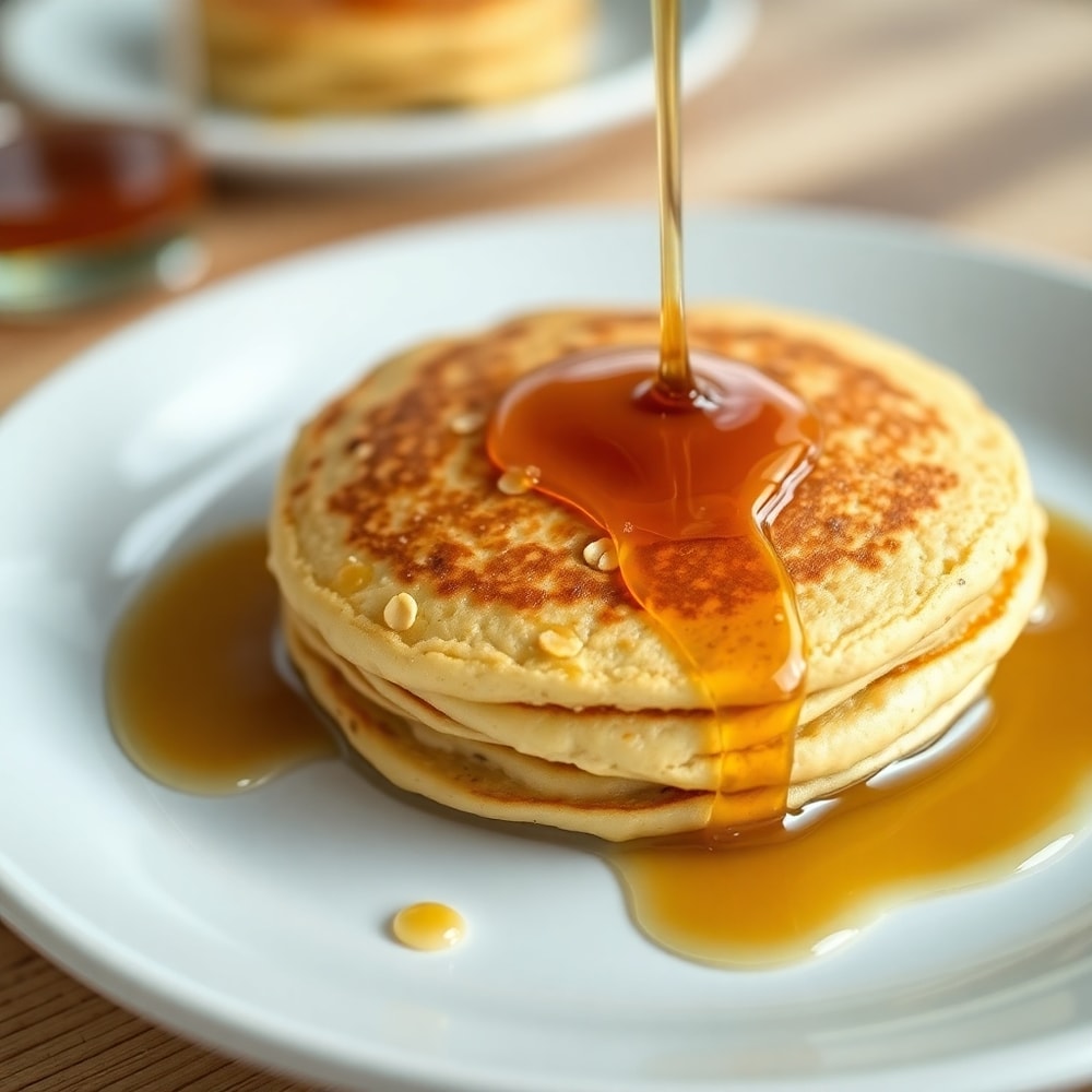 Stack of cottage cheese oat pancakes with syrup
