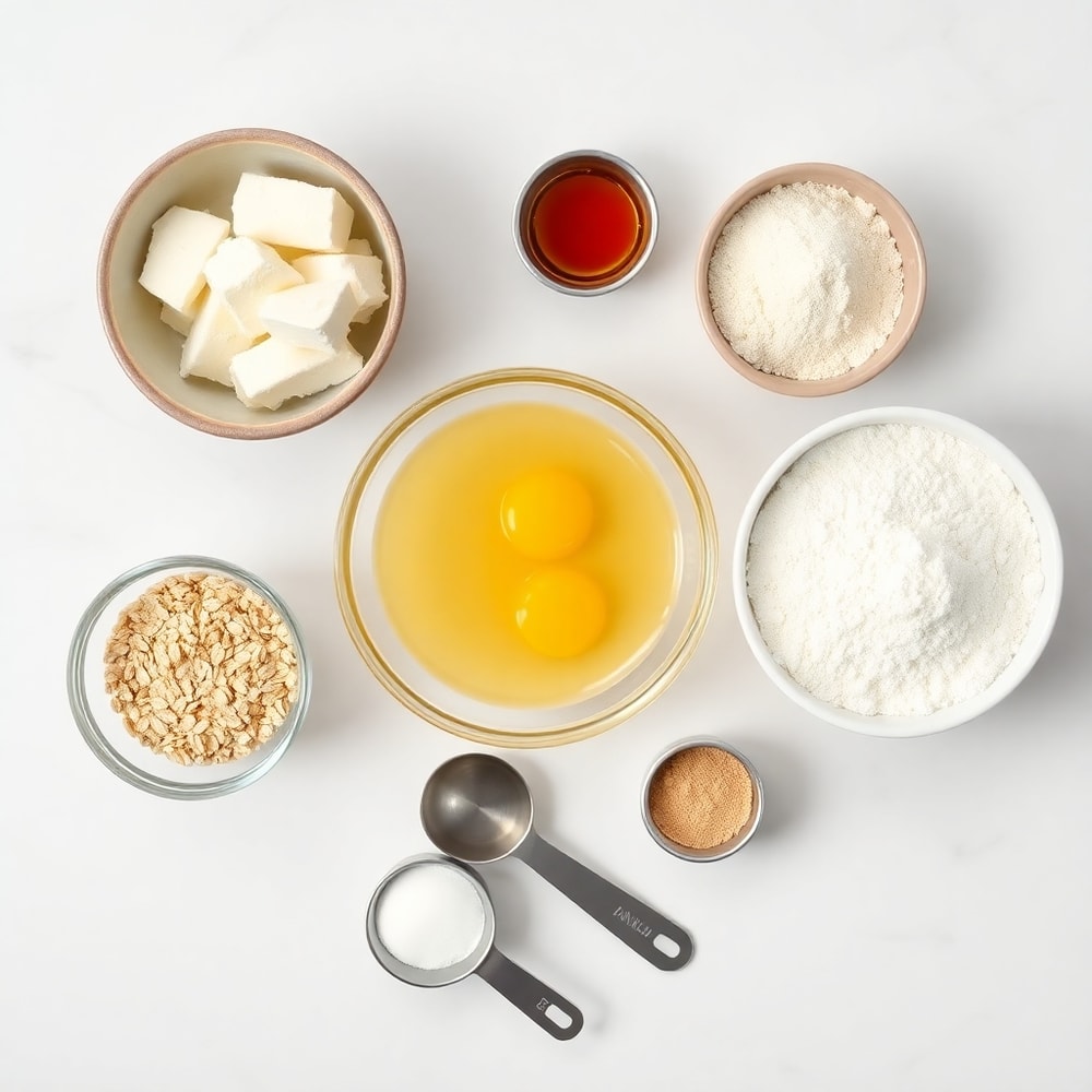 Raw ingredients for cottage cheese oat pancakes on a marble surface