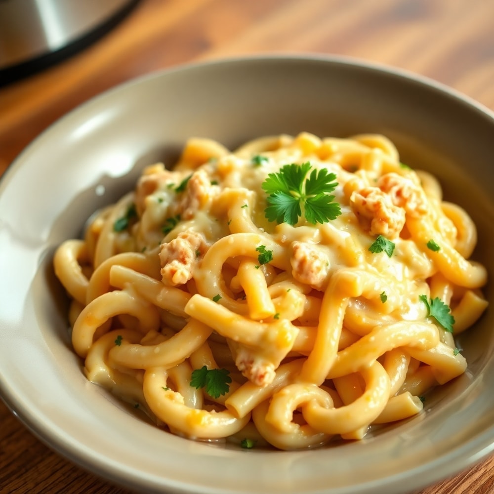 Crockpot Chicken Pasta served in a bowl with garlic bread