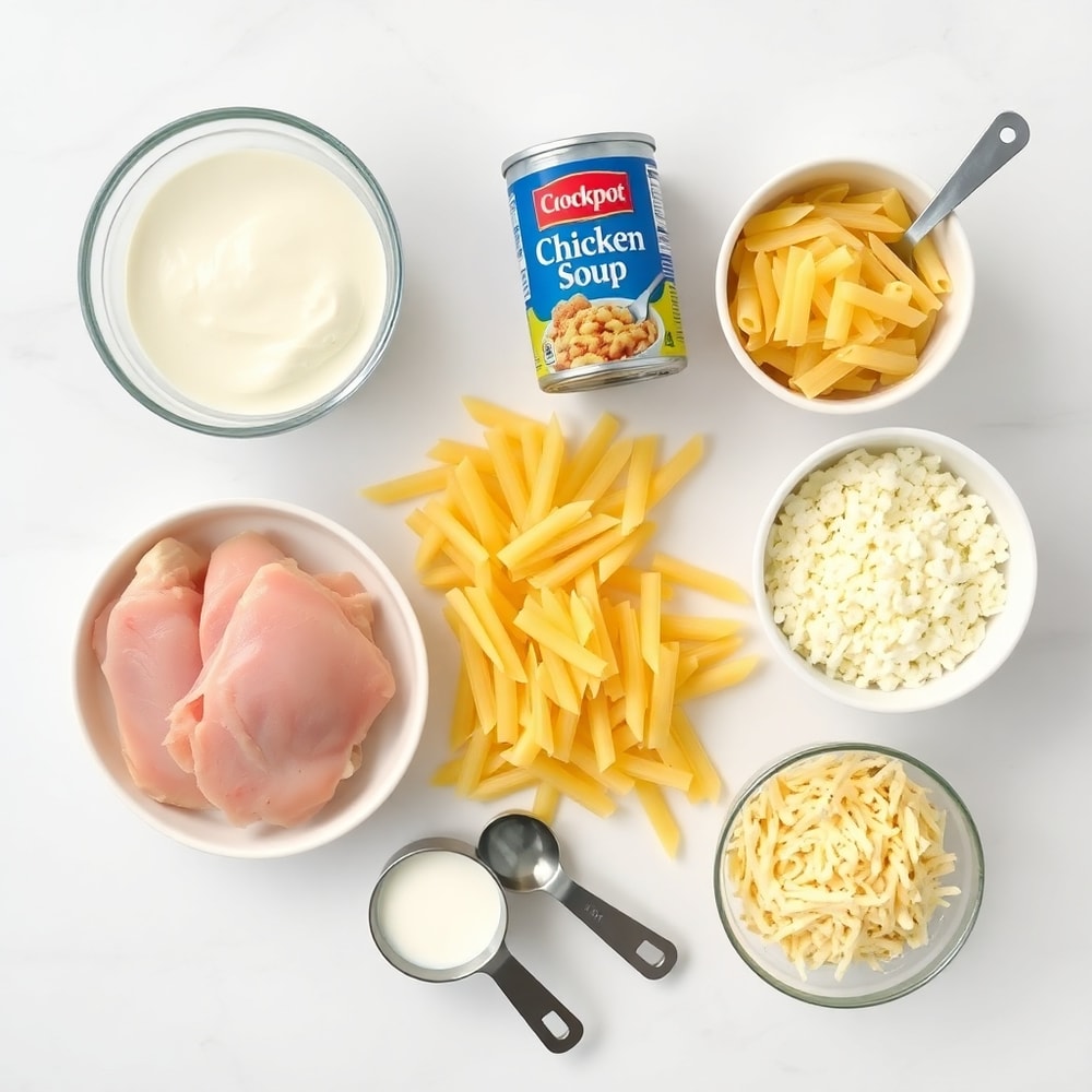 Crockpot Chicken Pasta ingredients laid out on a wooden board