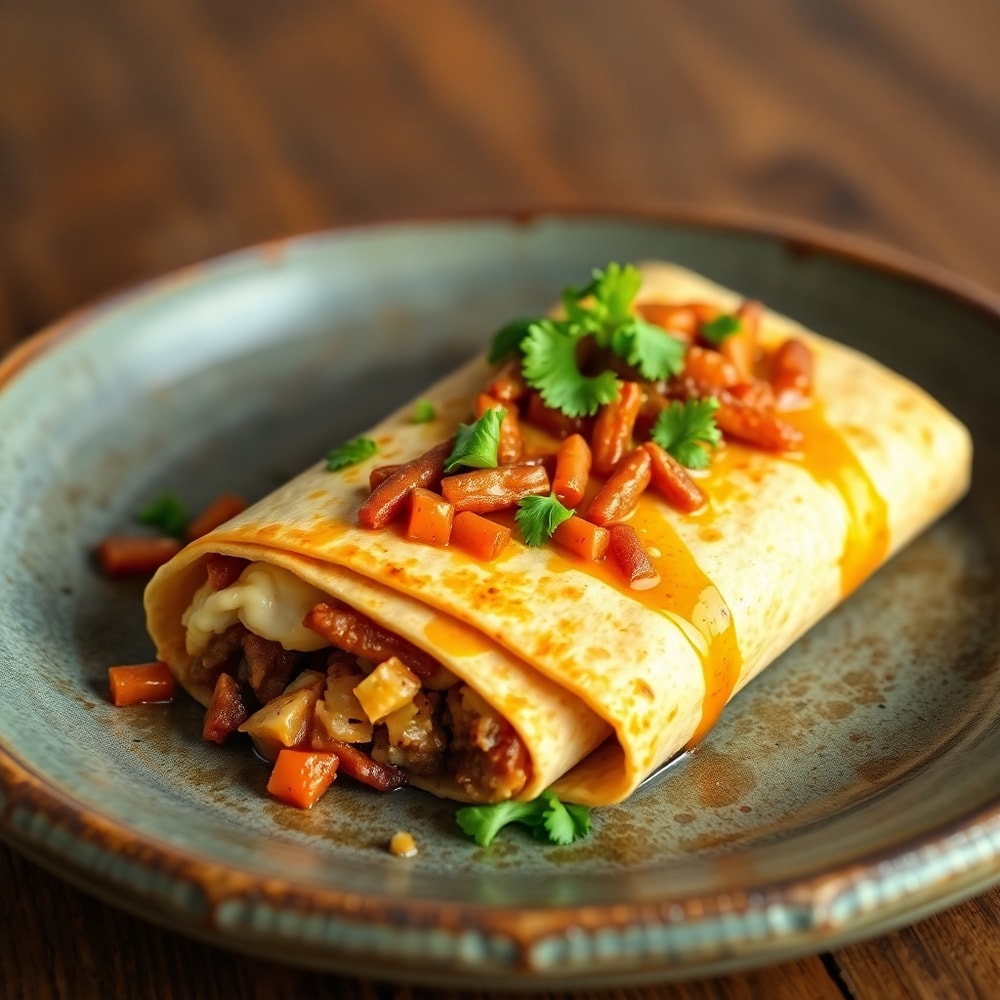 One perfect plated serving of Loaded Breakfast Burrito on a rustic plate, garnished with fresh cilantro, ready to be devoured.