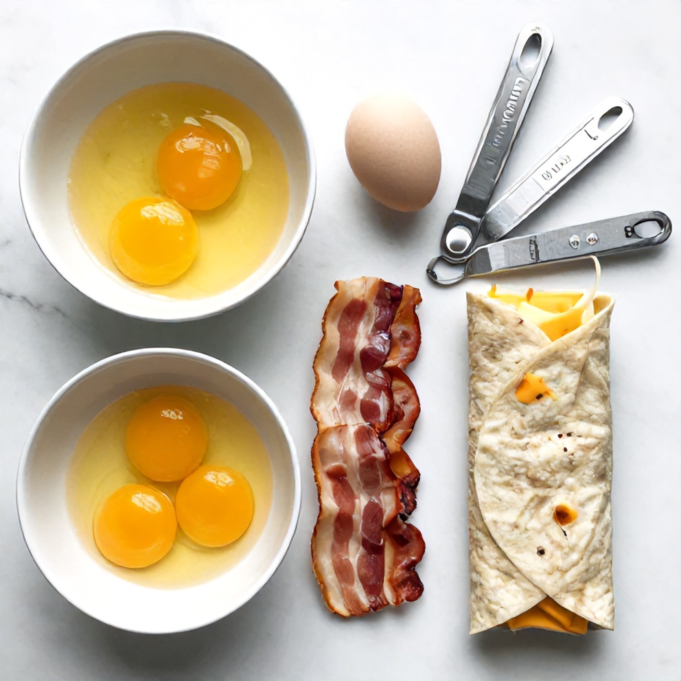 Overhead flat lay of raw ingredients for Loaded Breakfast Burrito, including eggs, bacon, cheese, and tortilla.