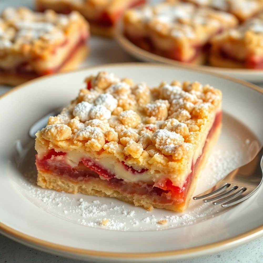 Plated rhubarb bars with cream cheese crust