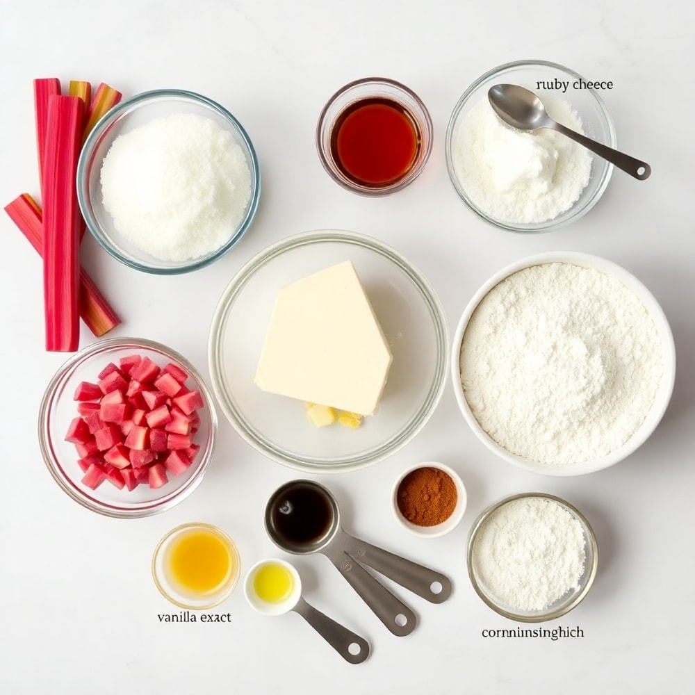 Raw ingredients for rhubarb bars with cream cheese crust