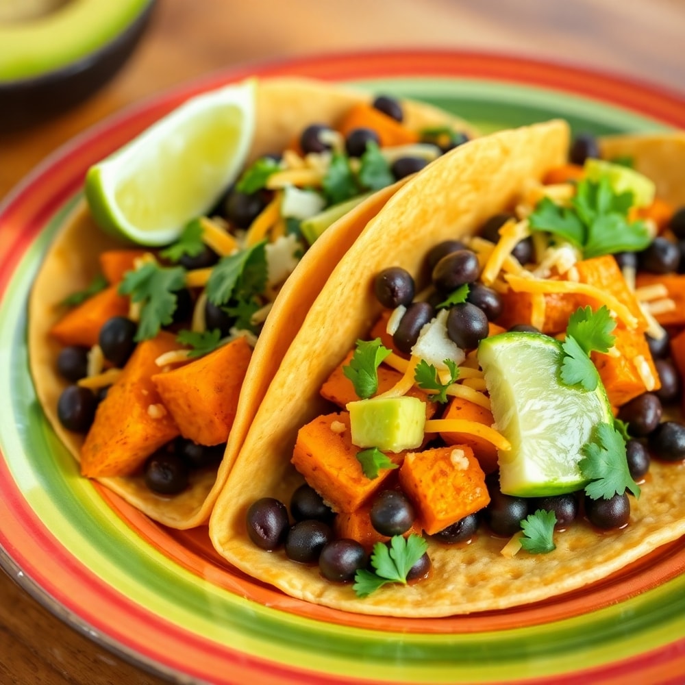 Plated Sweet Potato and Black Bean Tacos with avocado and lime