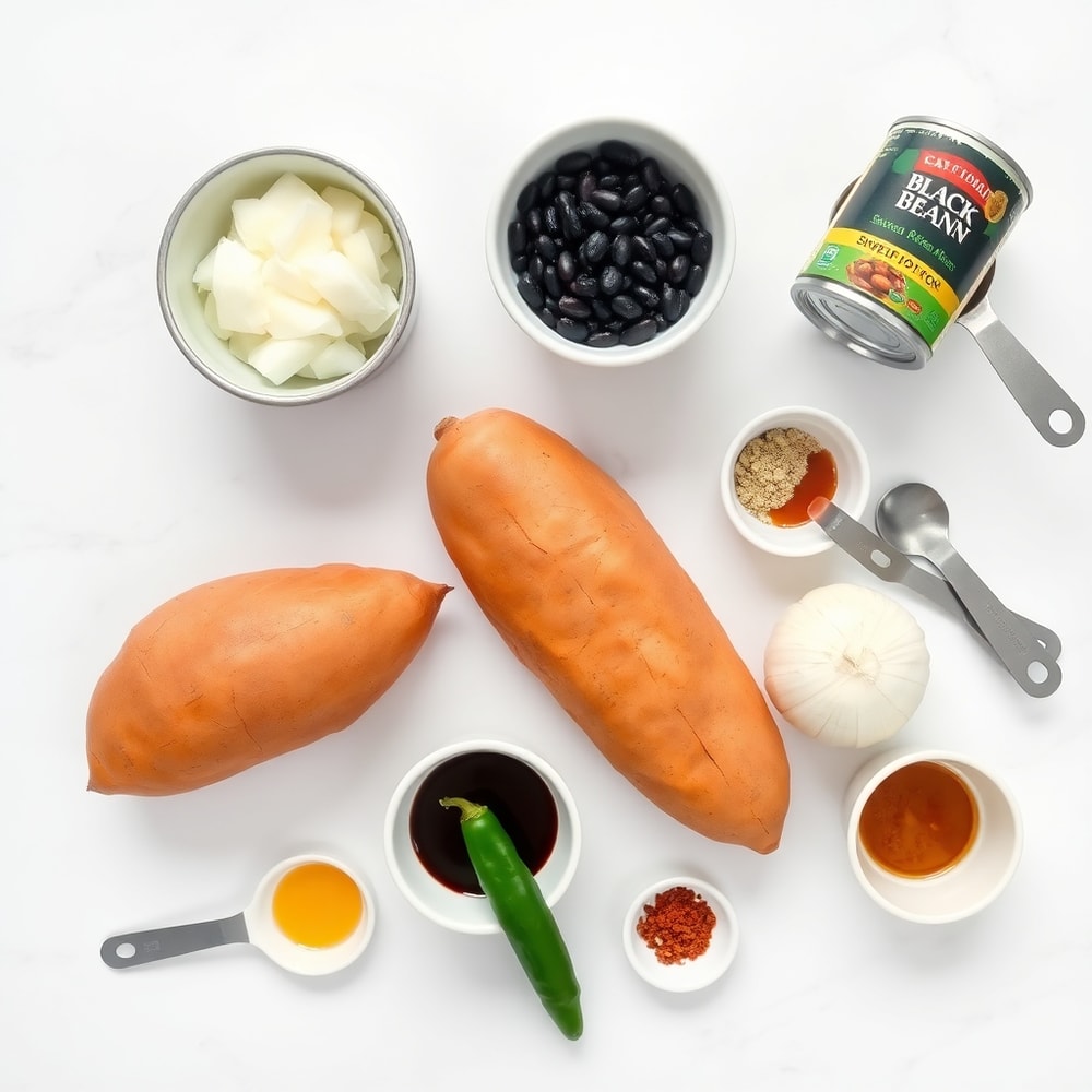 Raw ingredients for Sweet Potato and Black Bean Tacos on a marble surface