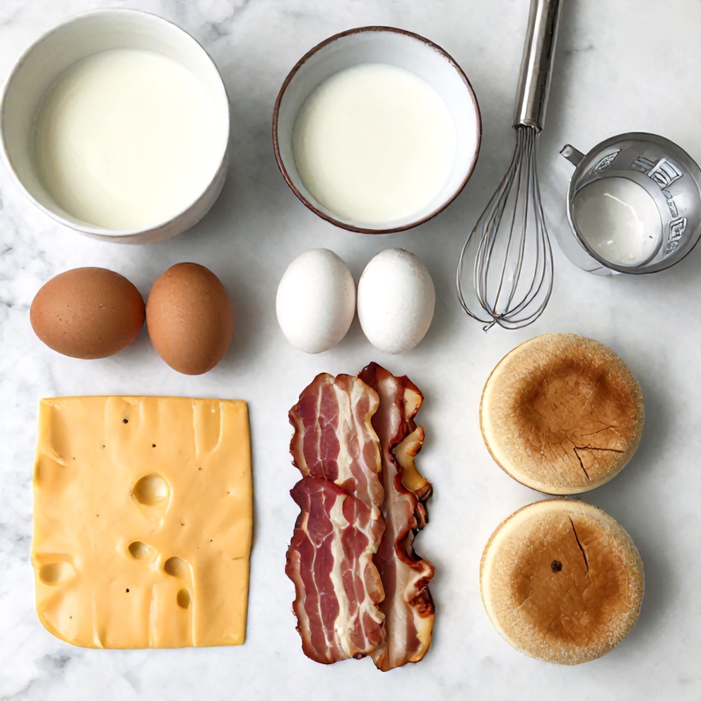 Eggs, cheese, bacon, and English muffins laid out for Crack Breakfast Sliders