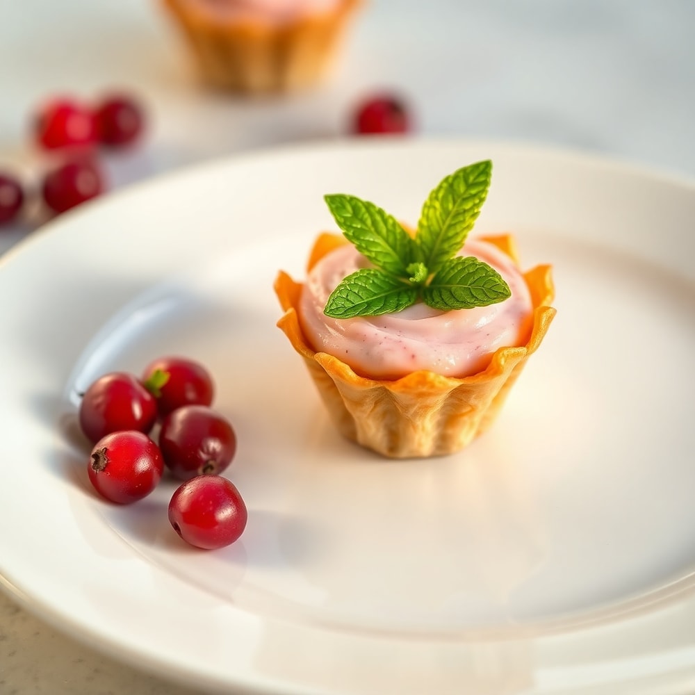 Plated Cranberry Mousse Cup with a fresh mint leaf garnish