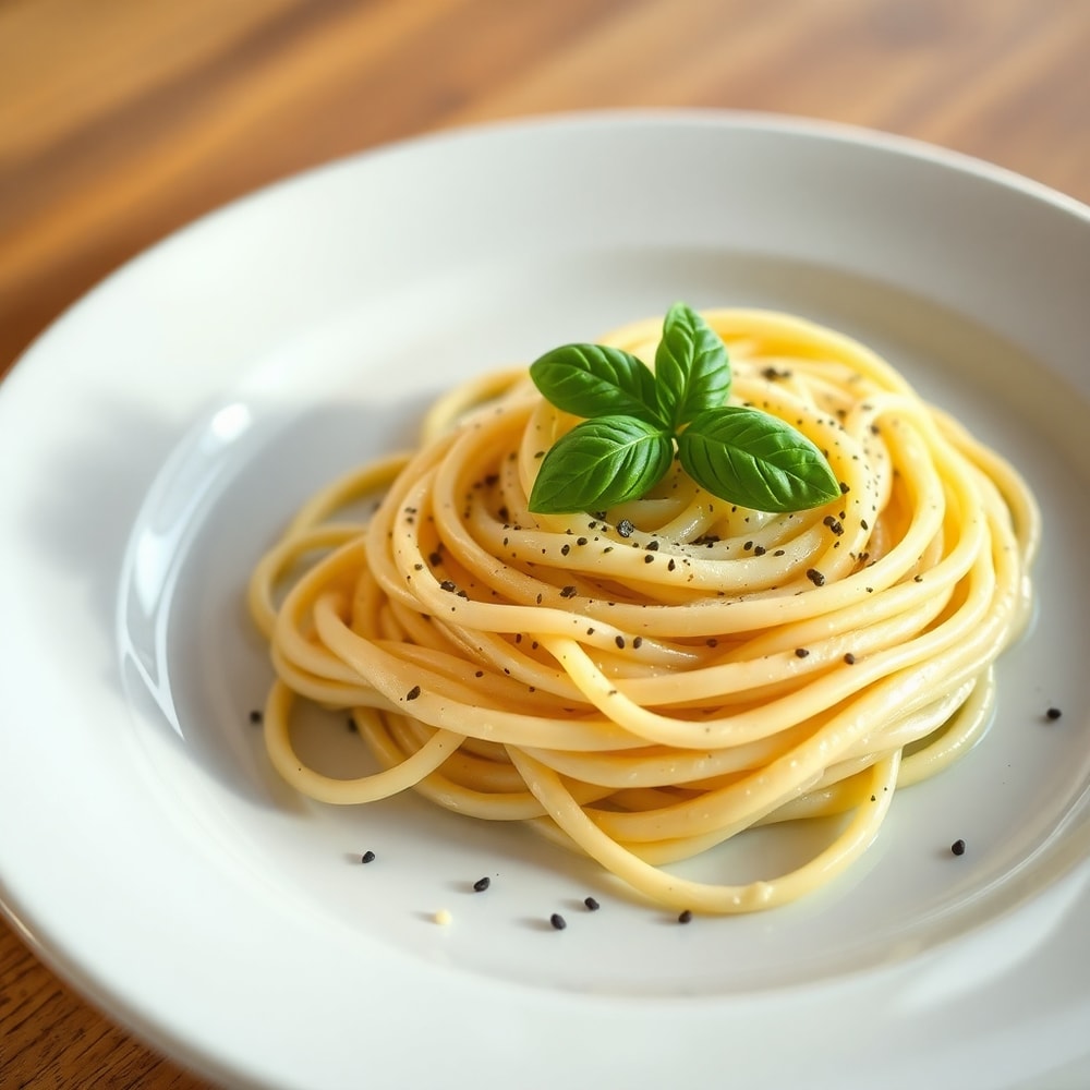 Plated serving of Cacio e Pepe on a white plate, garnished with fresh basil