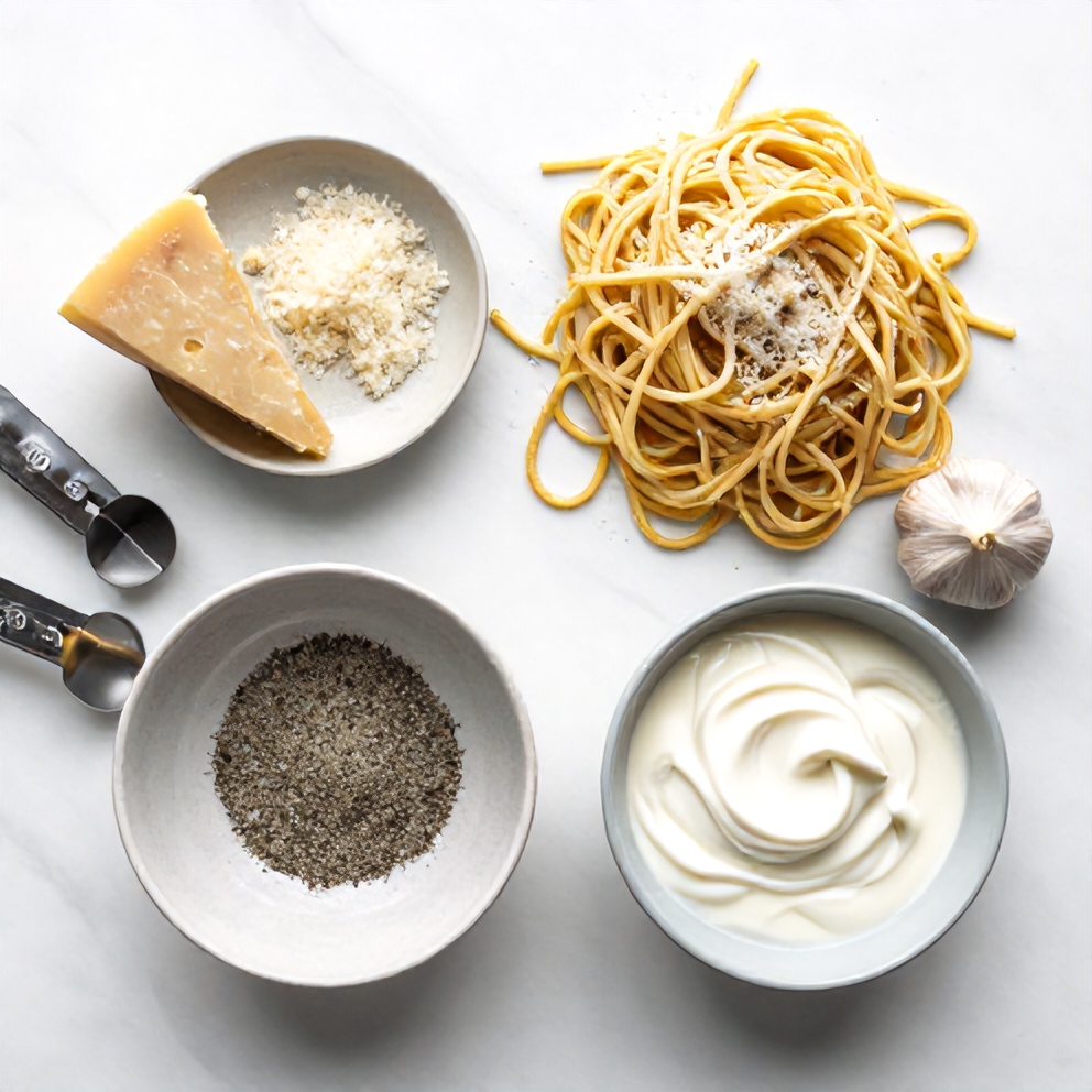 Overhead flat lay of raw ingredients for Cacio e Pepe: spaghetti, Parmesan cheese, black pepper, garlic, heavy cream
