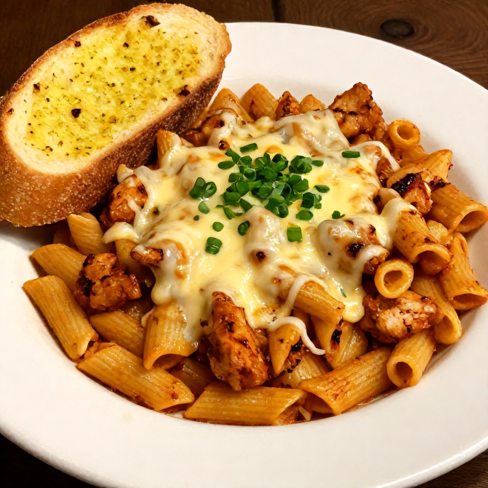 Plated Cajun Chicken Pasta with a side of garlic bread