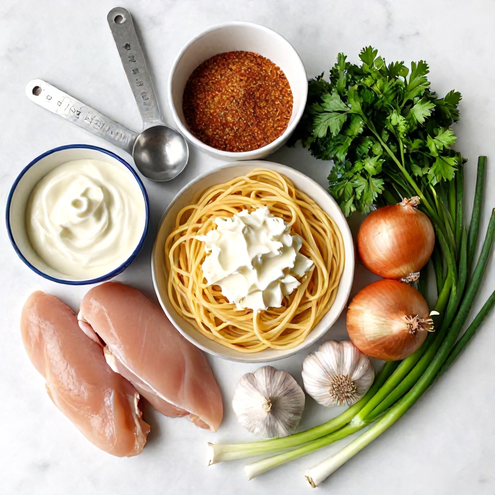 Raw ingredients for Cajun Chicken Pasta laid out on a wooden cutting board
