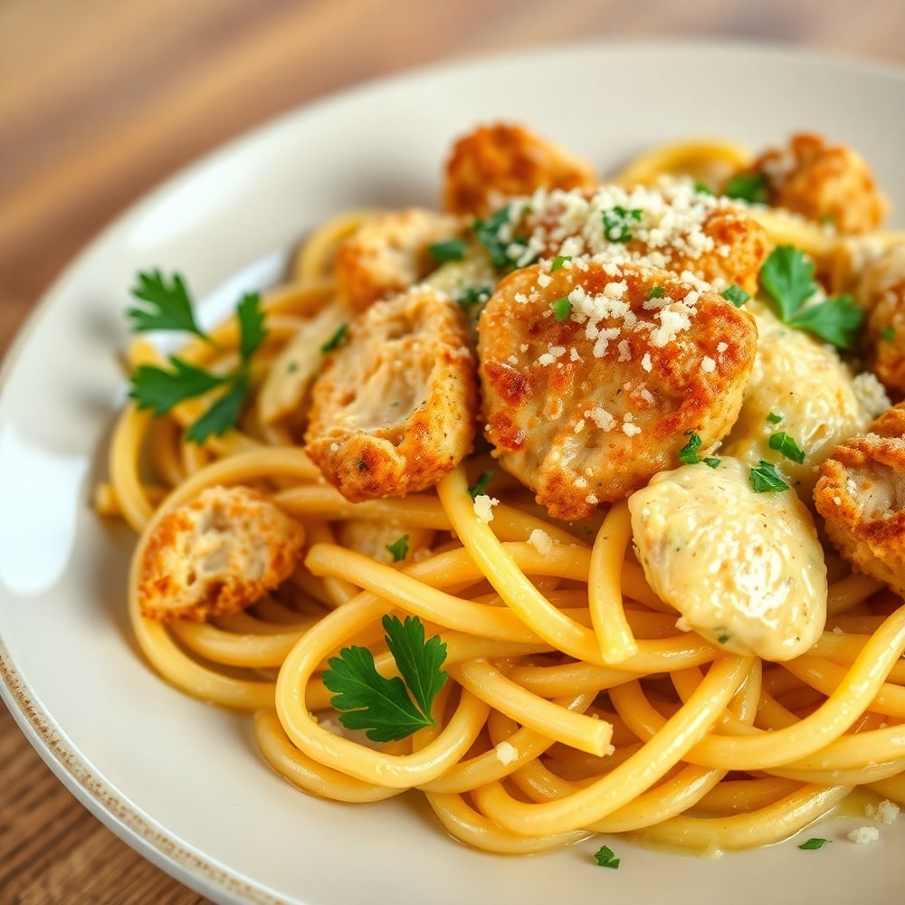 Plated Creamy Crack Chicken Pasta with garnish