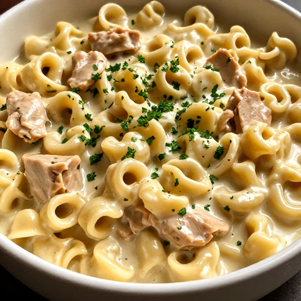 Plated serving of creamy Crockpot Chicken Tortellini with a sprinkle of fresh parsley.