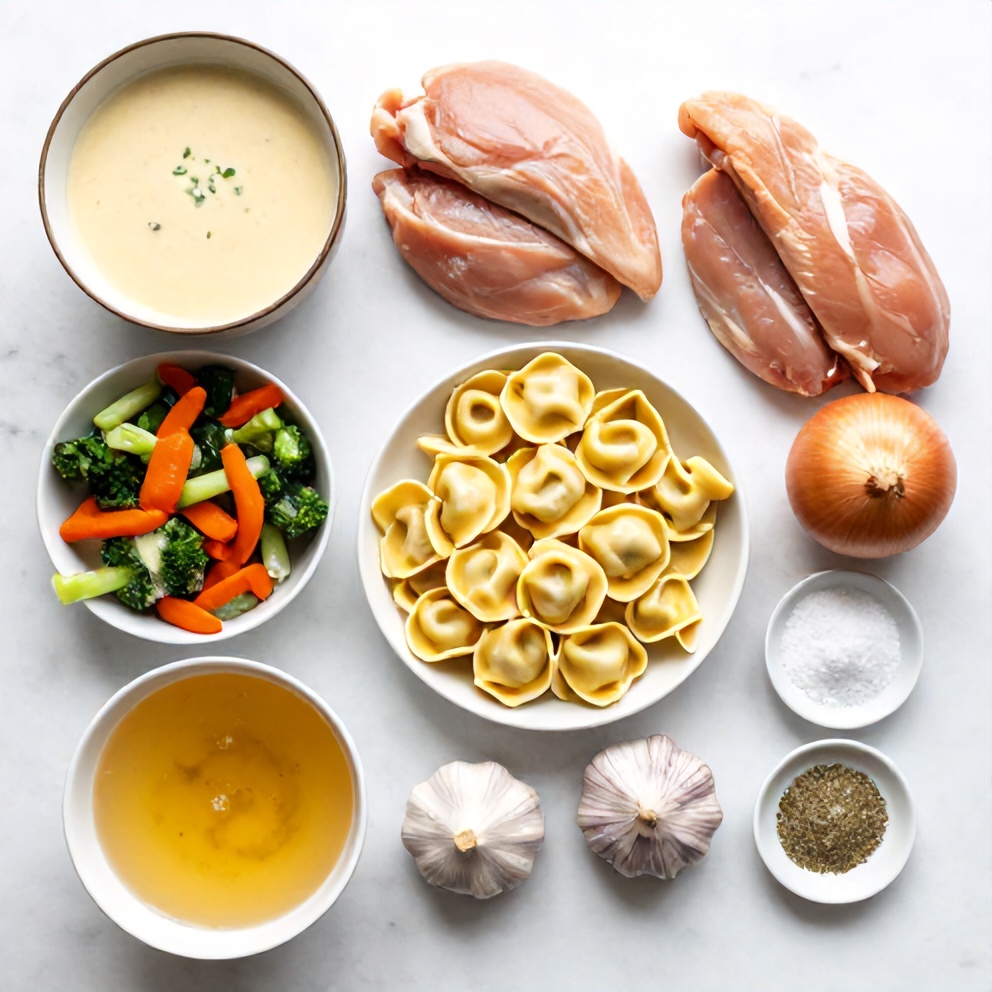 Raw ingredients for Crockpot Chicken Tortellini: boneless chicken breasts, tortellini, cream of chicken soup, frozen mixed vegetables, onion, garlic, chicken broth, salt, pepper, and Italian seasoning.