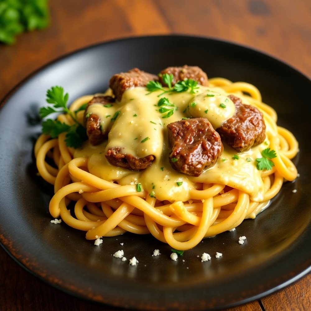 Plated Creamy Garlic Butter Steak Bites with Spicy Cajun Alfredo Twisted Pasta
