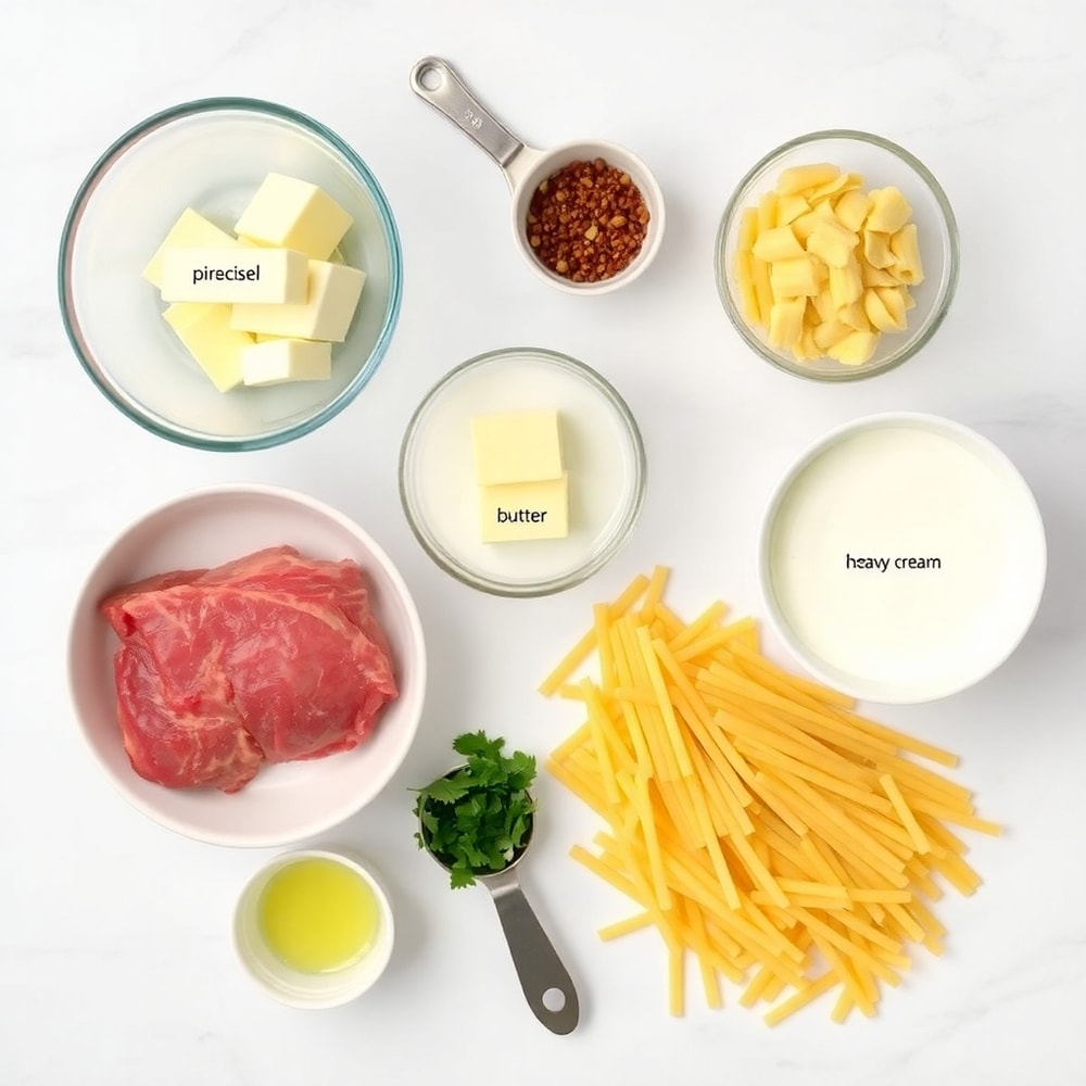 Raw ingredients for Creamy Garlic Butter Steak Bites with Spicy Cajun Alfredo Twisted Pasta