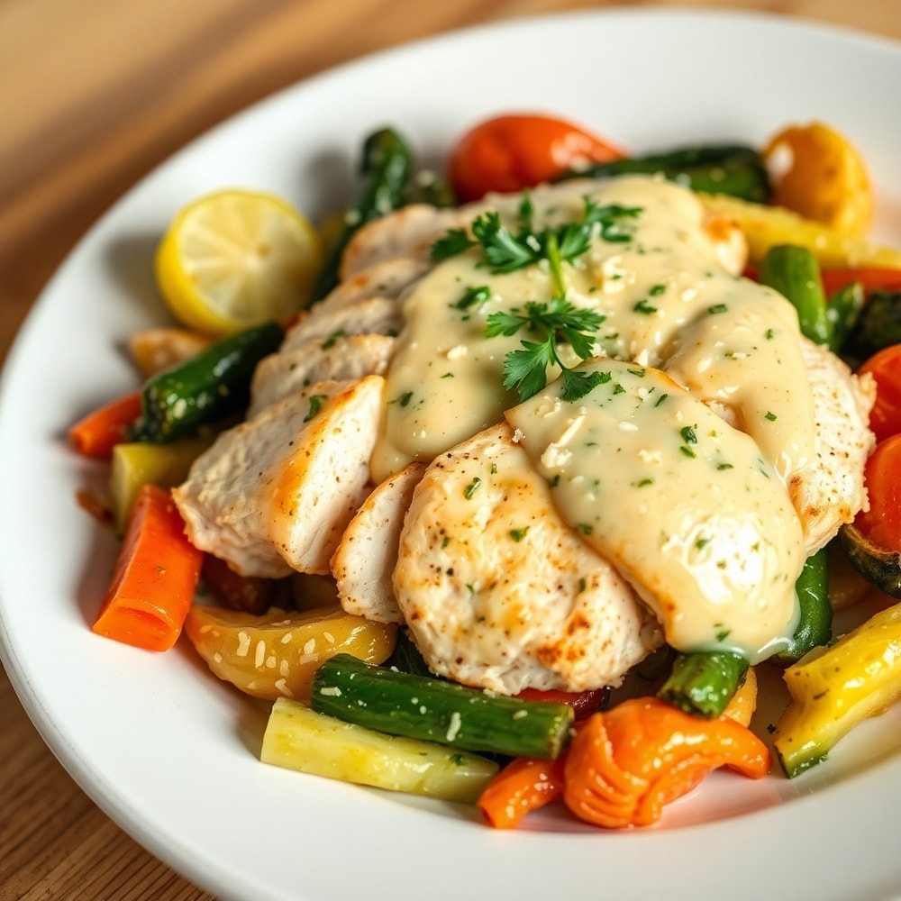 Plated Creamy Garlic Chicken with Veggies